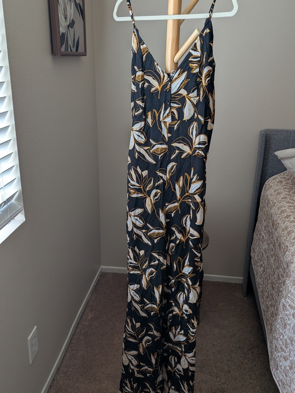 Black Floral V-Neck Wide‑Leg Jumpsuit with Gold Leaf Print